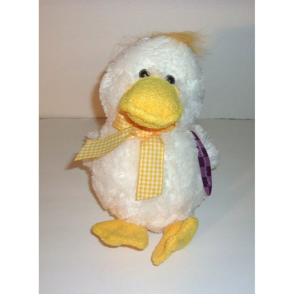 Animal Adventure White Duck Chick Yellow Gingham Ribbon Bow Plush 9" New 2005